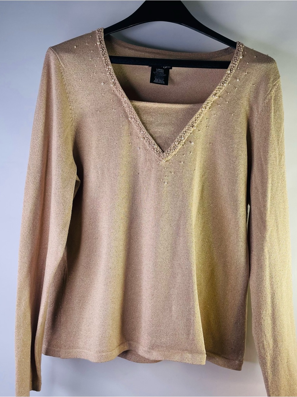 East 5th Champagne V-Neck Beaded Long Sleeve Top Shimmering Metallic